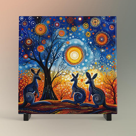 Vibrant Kangaroos Art Tile, Aboriginal Dot Matrix Pattern, Unique Wall Decor for Art Lovers, Perfect Gift for Nature Enthusiasts