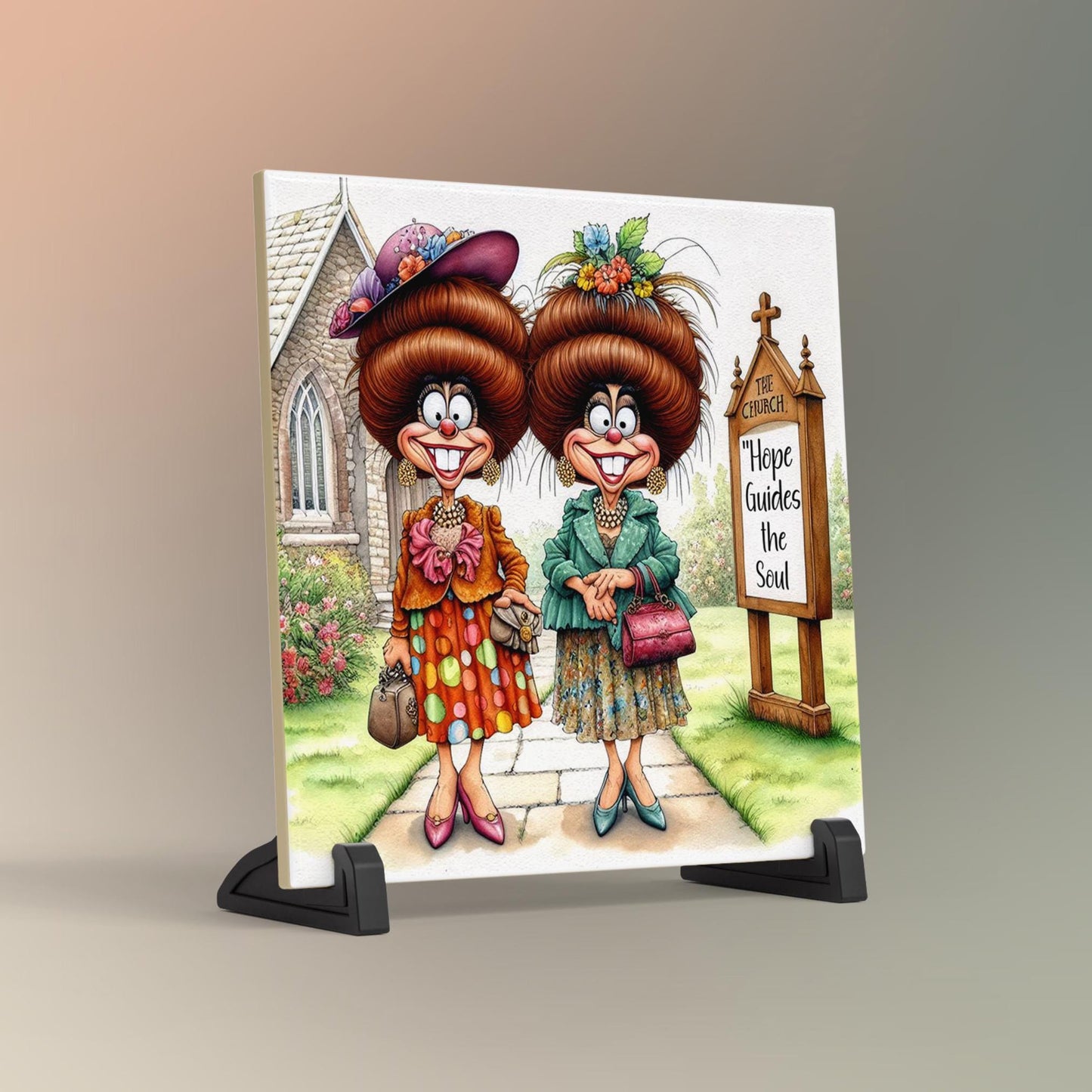 Quirky Church Ladies Ceramic Art Tile, Whimsical Women of Faith Decor, Funny Inspirational Wall Hanging, Unique Gift for Friend
