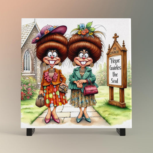 Quirky Church Ladies Ceramic Art Tile, Whimsical Women of Faith Decor, Funny Inspirational Wall Hanging, Unique Gift for Friend