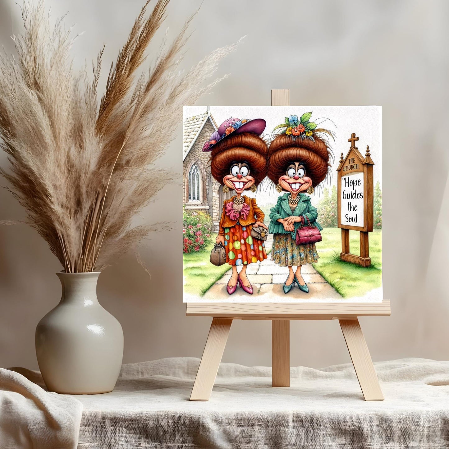 Quirky Church Ladies Ceramic Art Tile, Whimsical Women of Faith Decor, Funny Inspirational Wall Hanging, Unique Gift for Friend
