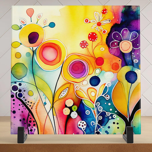 Abstract Wildflower Watercolor Ceramic Art Tile | Wall Decor | Spring Home Decor | Floral Art | Whimsical Flowers | Wall Tile | Gift for Mom