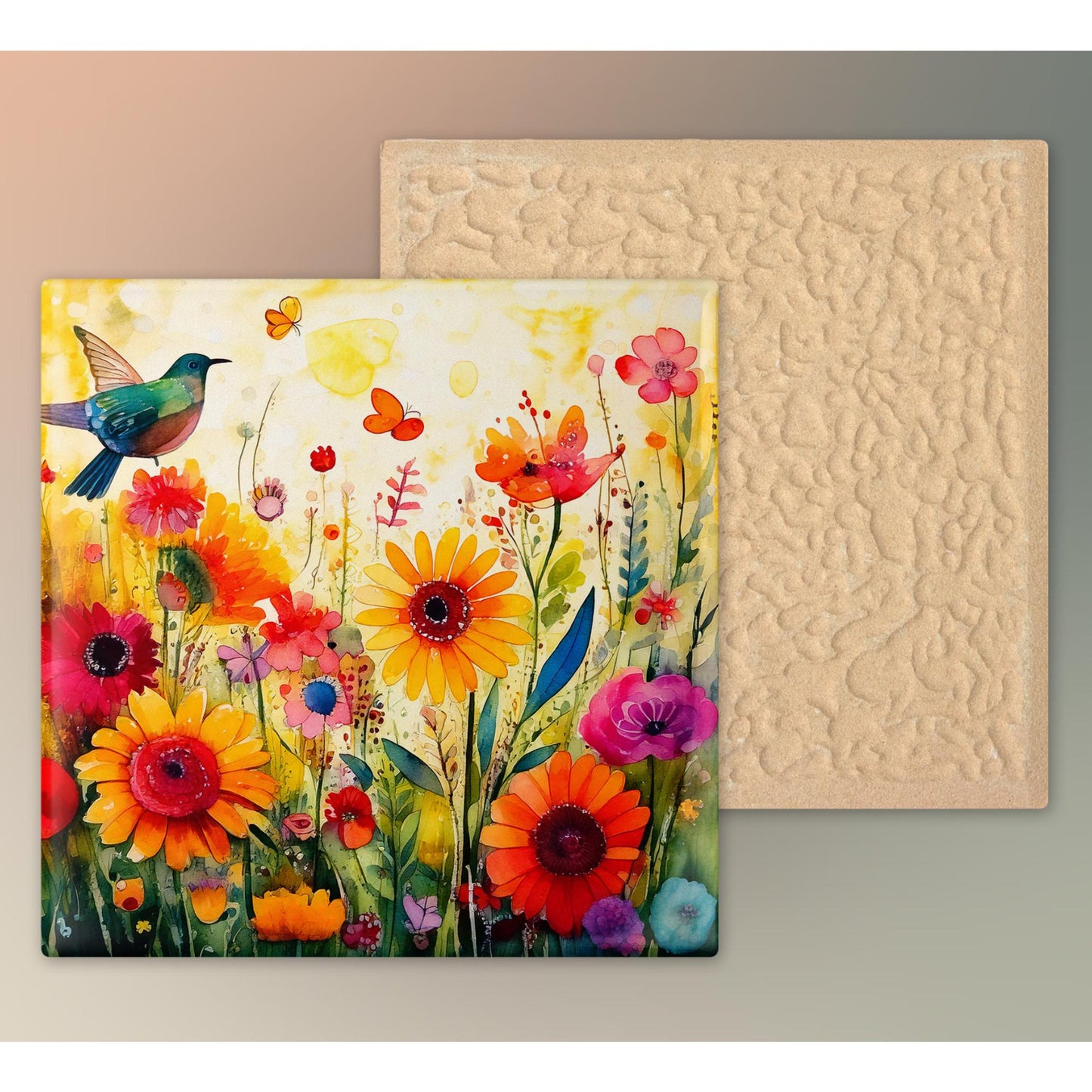 Hummingbird and Wildflowers Ceramic Art Tile | Wall Decor | Spring Home Decor | Floral Art | Whimsical Flowers | Wall Tile | Gift for Mom