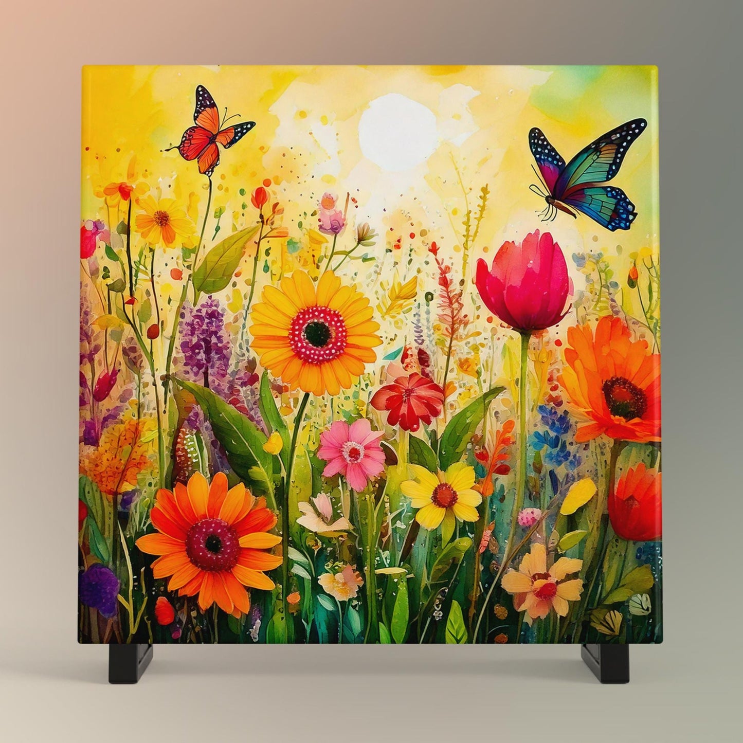 Wildflower Butterfly Garden Ceramic Art Tile | Wall Decor | Spring Home Decor | Floral Art | Whimsical Flowers | Wall Tile | Gift for Mom
