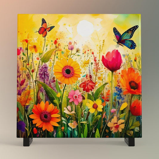 Wildflower Butterfly Garden Ceramic Art Tile | Wall Decor | Spring Home Decor | Floral Art | Whimsical Flowers | Wall Tile | Gift for Mom
