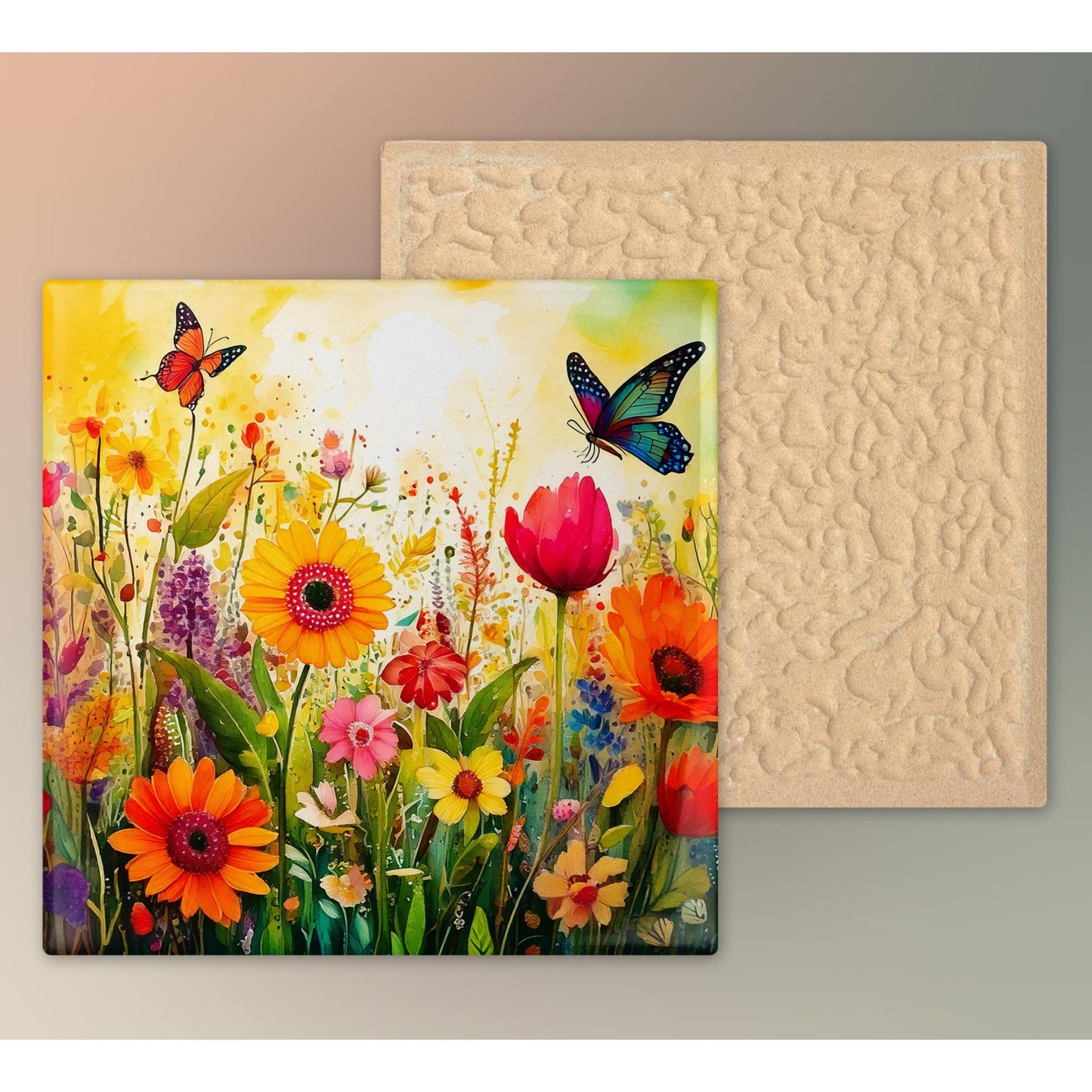 Wildflower Butterfly Garden Ceramic Art Tile | Wall Decor | Spring Home Decor | Floral Art | Whimsical Flowers | Wall Tile | Gift for Mom