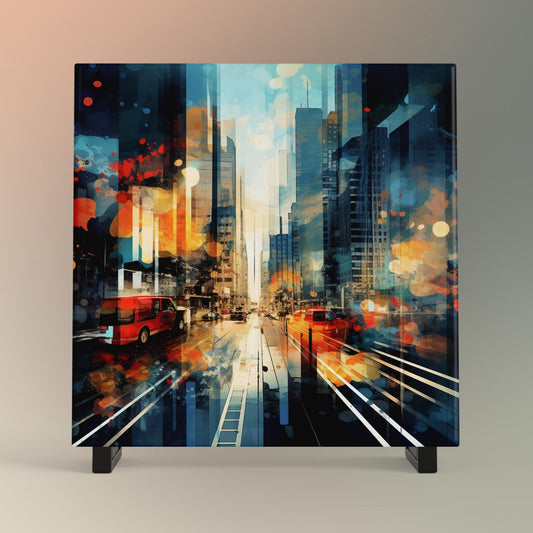 Mid-Century Modern Ceramic Tile Art, Abstract City View Wall Decor, Unique Artistic Accent for Home, Perfect Gift for Art Lovers
