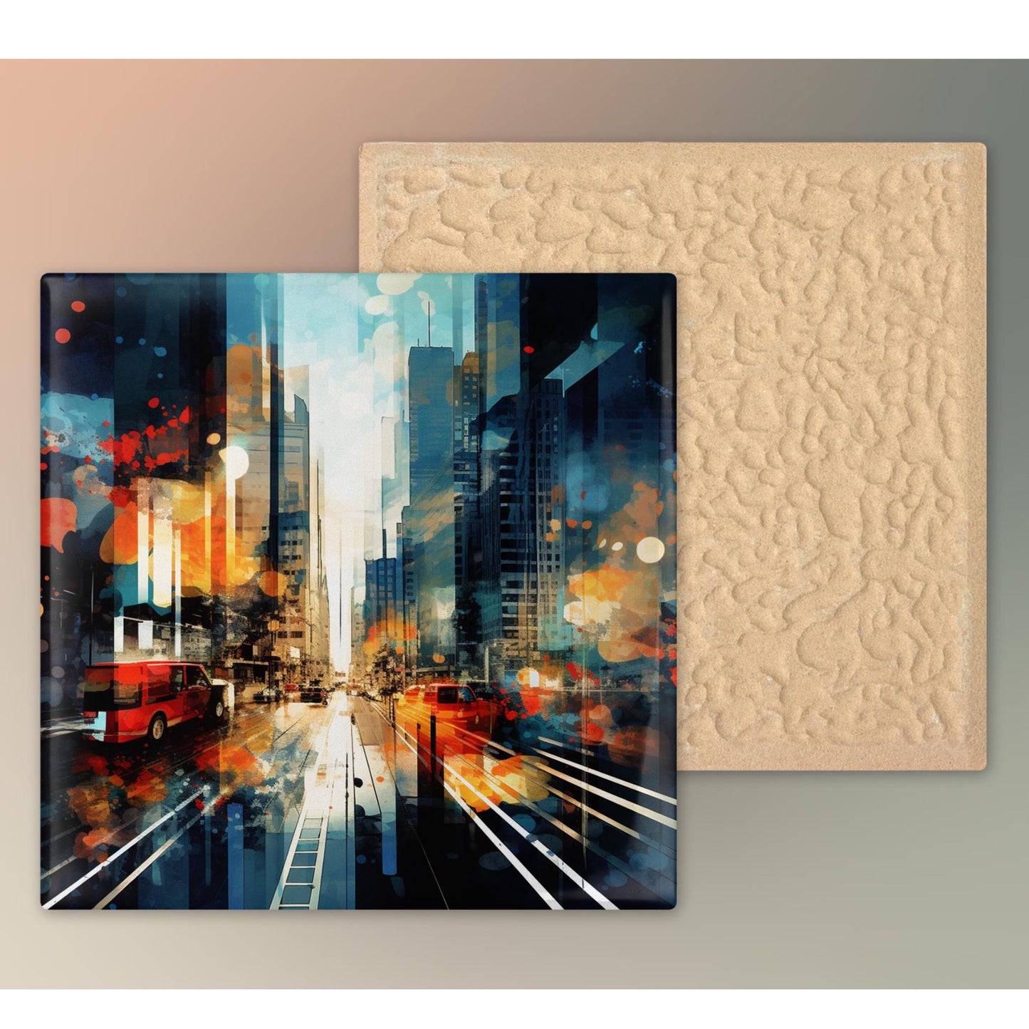 Mid-Century Modern Ceramic Tile Art, Abstract City View Wall Decor, Unique Artistic Accent for Home, Perfect Gift for Art Lovers