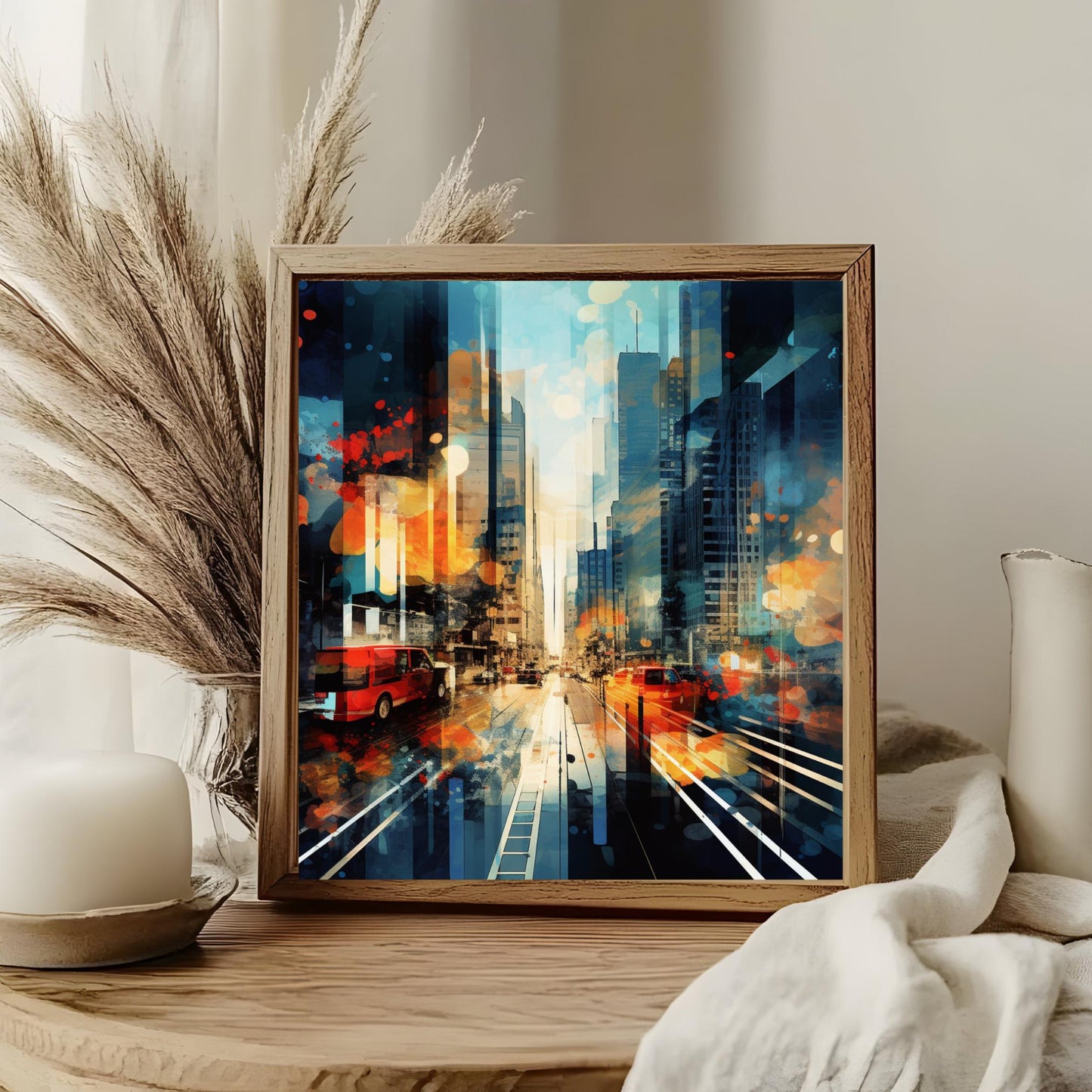 Mid-Century Modern Ceramic Tile Art, Abstract City View Wall Decor, Unique Artistic Accent for Home, Perfect Gift for Art Lovers