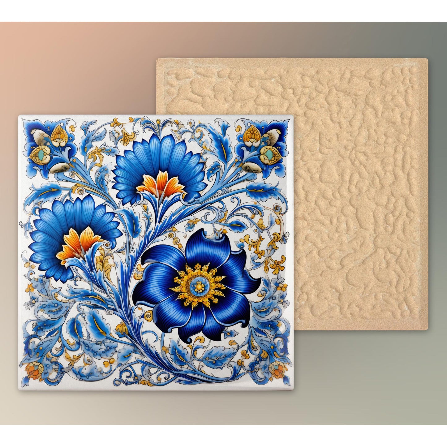 Mediterranean Floral Ceramic Art Tile, Decorative Tile for Elegant Home Decor, Kitchen Wall Art, Trivet Optional