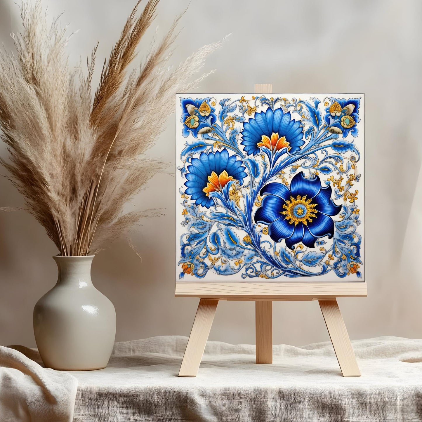Mediterranean Floral Ceramic Art Tile, Decorative Tile for Elegant Home Decor, Kitchen Wall Art, Trivet Optional