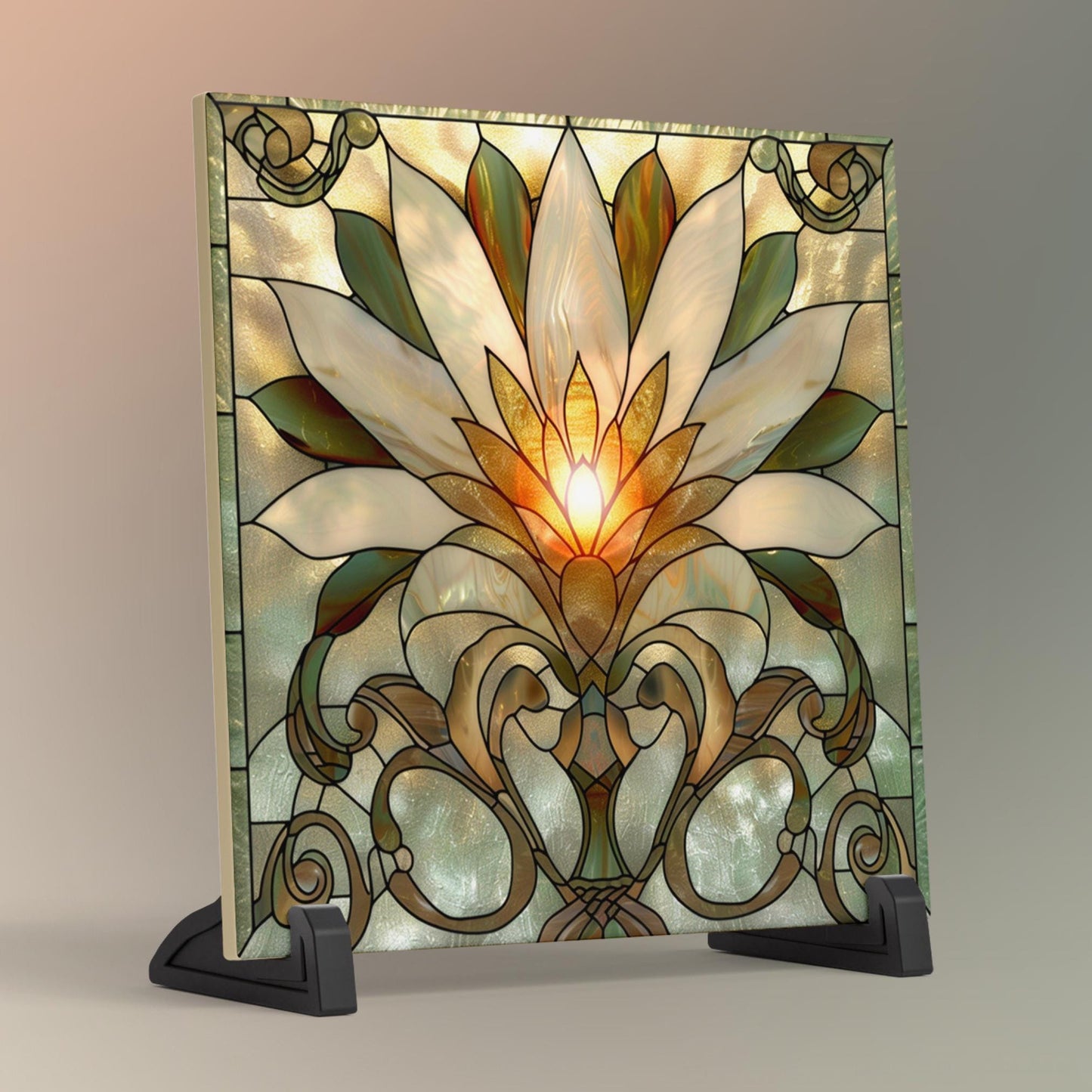 Lotus Flower Ceramic Tile Art - Stained Glass Look Elegant Flower Wall Decor for Yoga & Meditation, Spiritual Mindfulness Gift - Spa Gift
