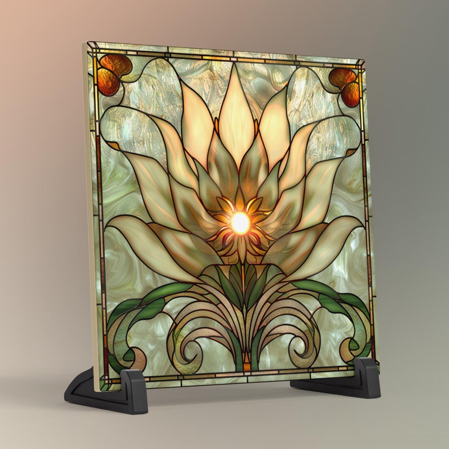 Elegant Lotus Flower Ceramic Tile Art | Stained Glass Look Flower Wall Decor | Yoga and Meditation | Spiritual Mindfulness Gift | Spa Gift