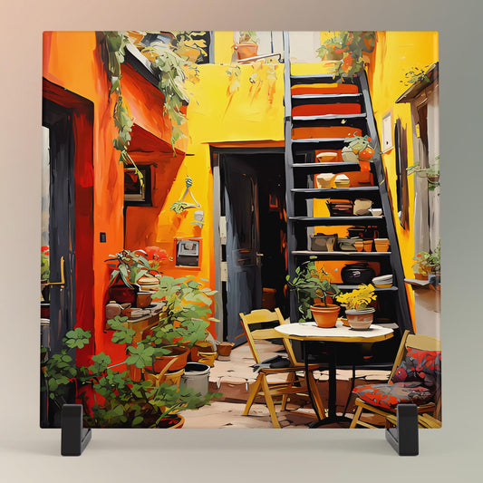 Rustic Mediterranean Street-view Ceramic Tile, Quaint Streetside Cafe Wall Art for Home Décor and Unique Gift