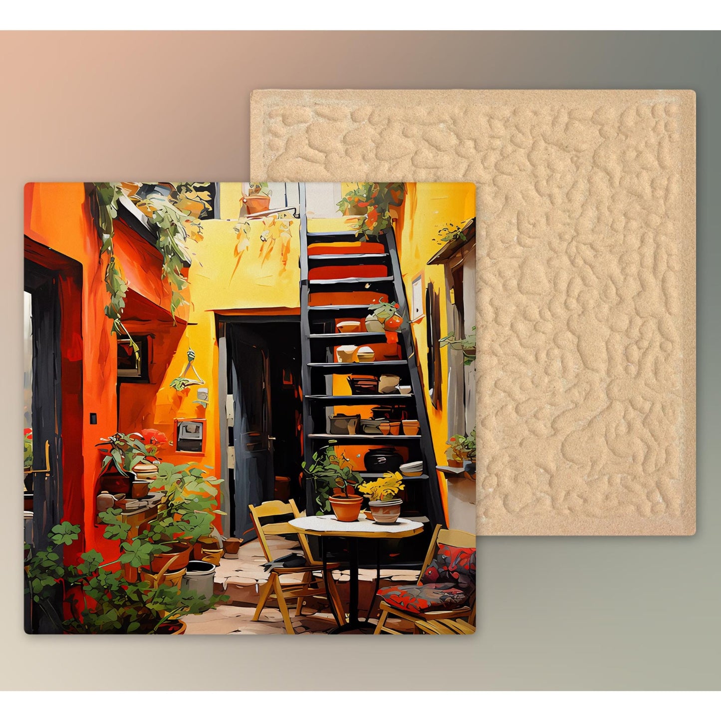 Rustic Mediterranean Street-view Ceramic Tile, Quaint Streetside Cafe Wall Art for Home Décor and Unique Gift