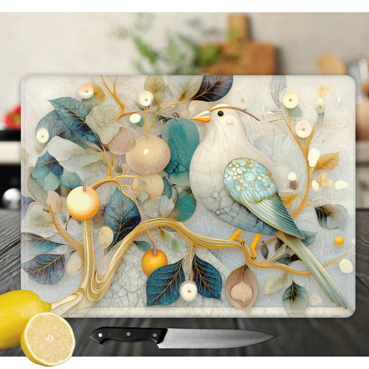 Whimsical Birds Tempered Glass Cutting Board, Artistic Kitchen Essential for Meal Prep & Display, Ideal Gift for Home Chefs