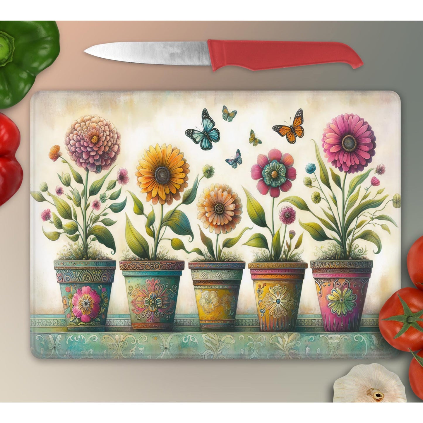 Vintage Potted Flowers Glass Cutting Board - Beautiful Tempered Glass Cheese & Charcuterie Board - Ideal Hostess Gift for Kitchen