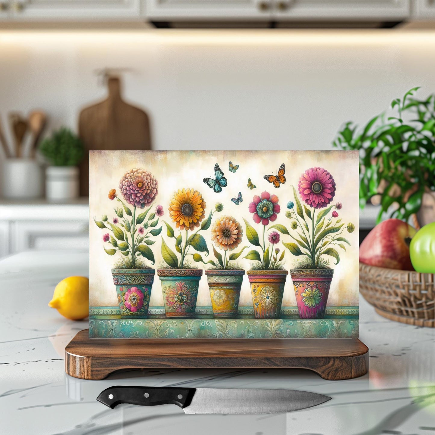 Vintage Potted Flowers Glass Cutting Board - Beautiful Tempered Glass Cheese & Charcuterie Board - Ideal Hostess Gift for Kitchen