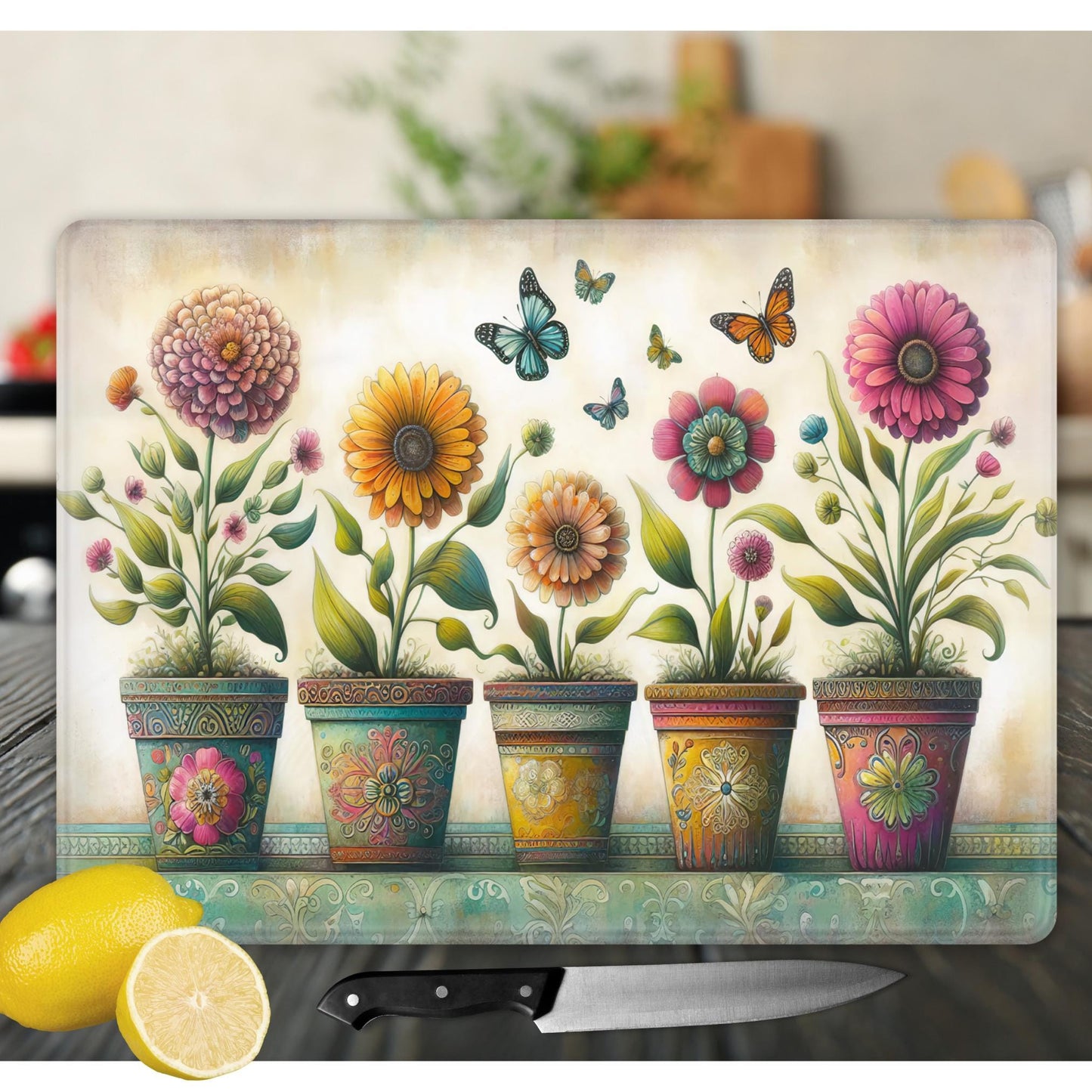 Vintage Potted Flowers Glass Cutting Board - Beautiful Tempered Glass Cheese & Charcuterie Board - Ideal Hostess Gift for Kitchen