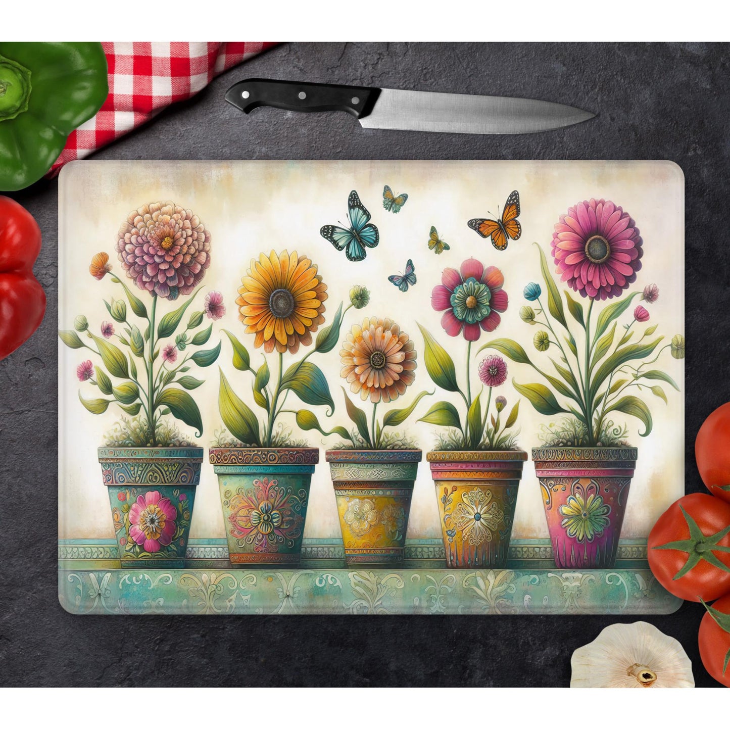 Vintage Potted Flowers Glass Cutting Board - Beautiful Tempered Glass Cheese & Charcuterie Board - Ideal Hostess Gift for Kitchen