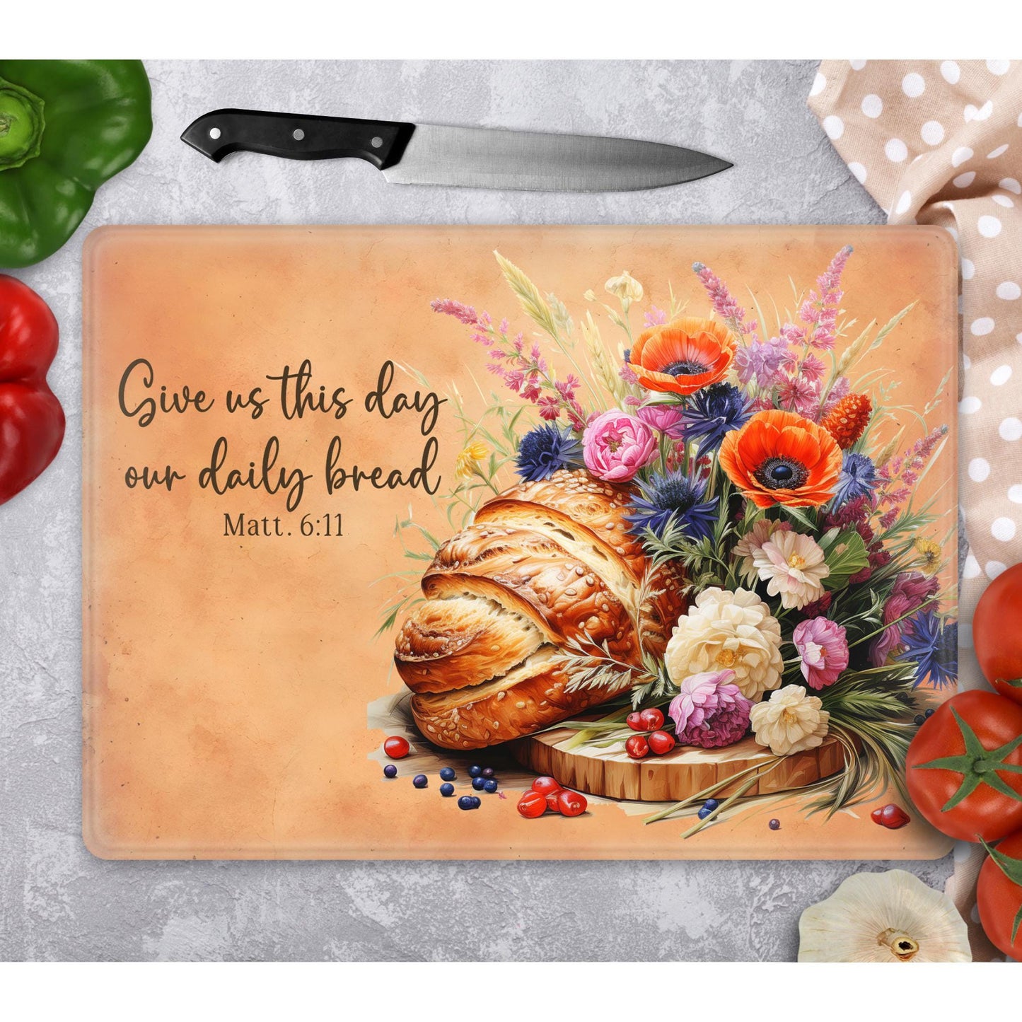 Inspirational Glass Cutting Board - "Give Us This Day Our Daily Bread" Tempered Chopping Board for Cheese & Charcuterie Gift