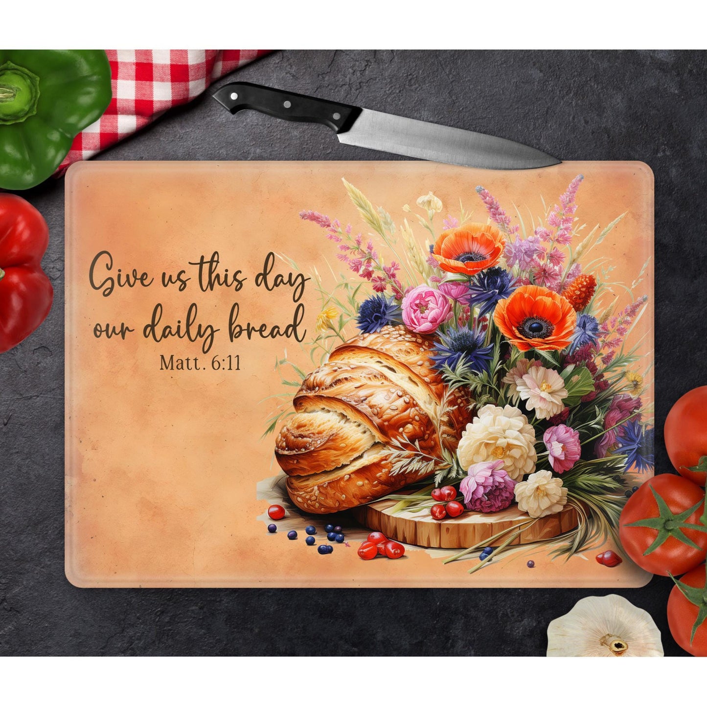 Inspirational Glass Cutting Board - "Give Us This Day Our Daily Bread" Tempered Chopping Board for Cheese & Charcuterie Gift