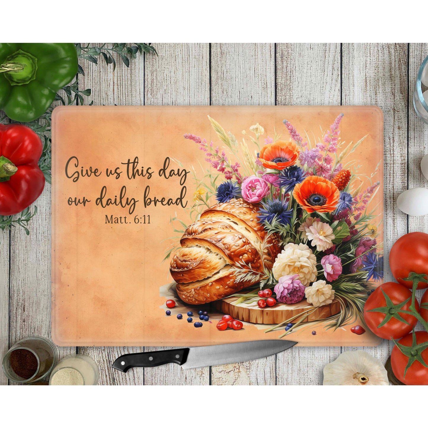 Inspirational Glass Cutting Board - "Give Us This Day Our Daily Bread" Tempered Chopping Board for Cheese & Charcuterie Gift