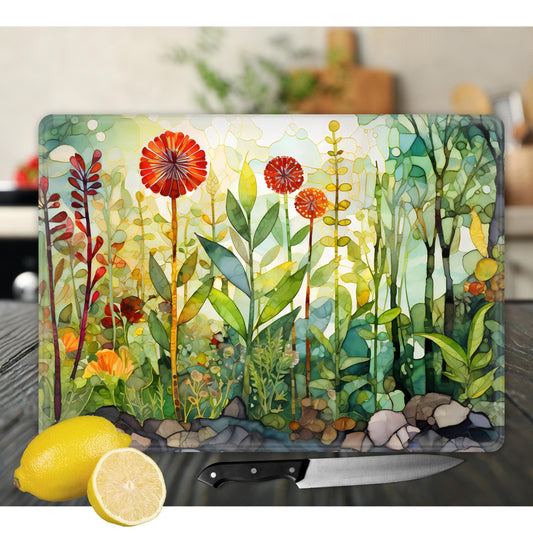 Whimsical Wildflowers Glass Cutting Board - Floral Tempered Glass Chopping Board for Cheese & Charcuterie, Functional Kitchen Art