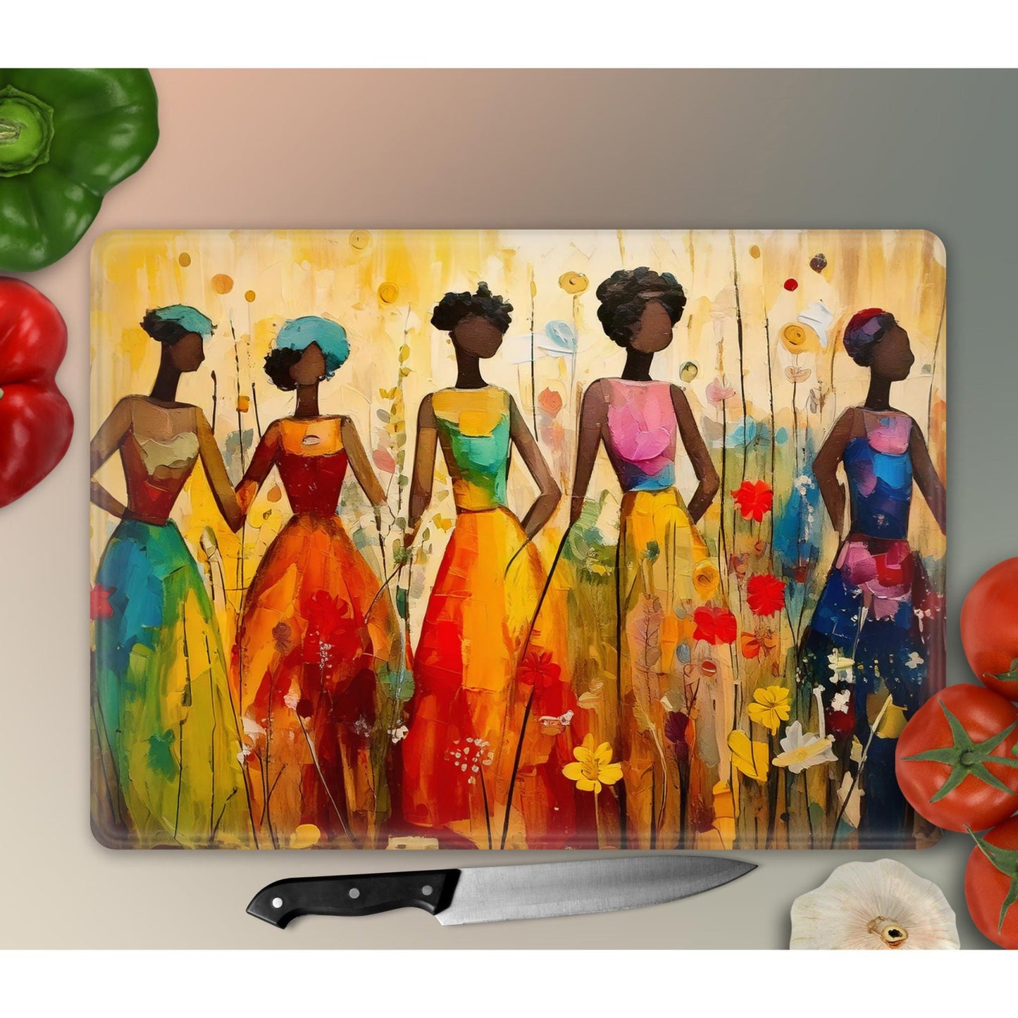 Afrocentric Glass Cutting Board, Charcuterie Board, Serving Tray, Hostess Housewarming, African Decor, Functional Kitchen Art