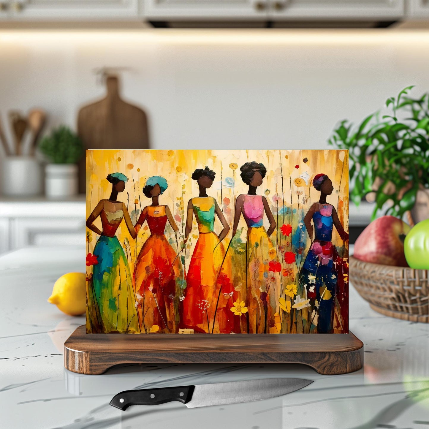 Afrocentric Glass Cutting Board, Charcuterie Board, Serving Tray, Hostess Housewarming, African Decor, Functional Kitchen Art