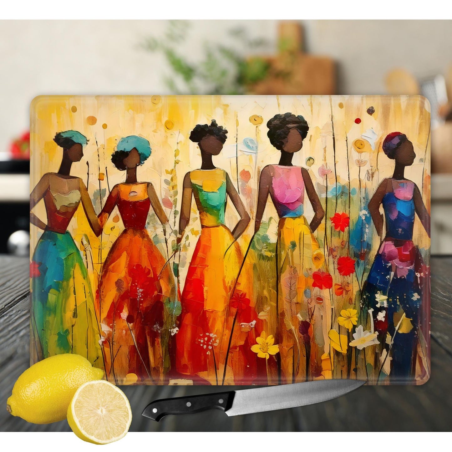 Afrocentric Glass Cutting Board, Charcuterie Board, Serving Tray, Hostess Housewarming, African Decor, Functional Kitchen Art