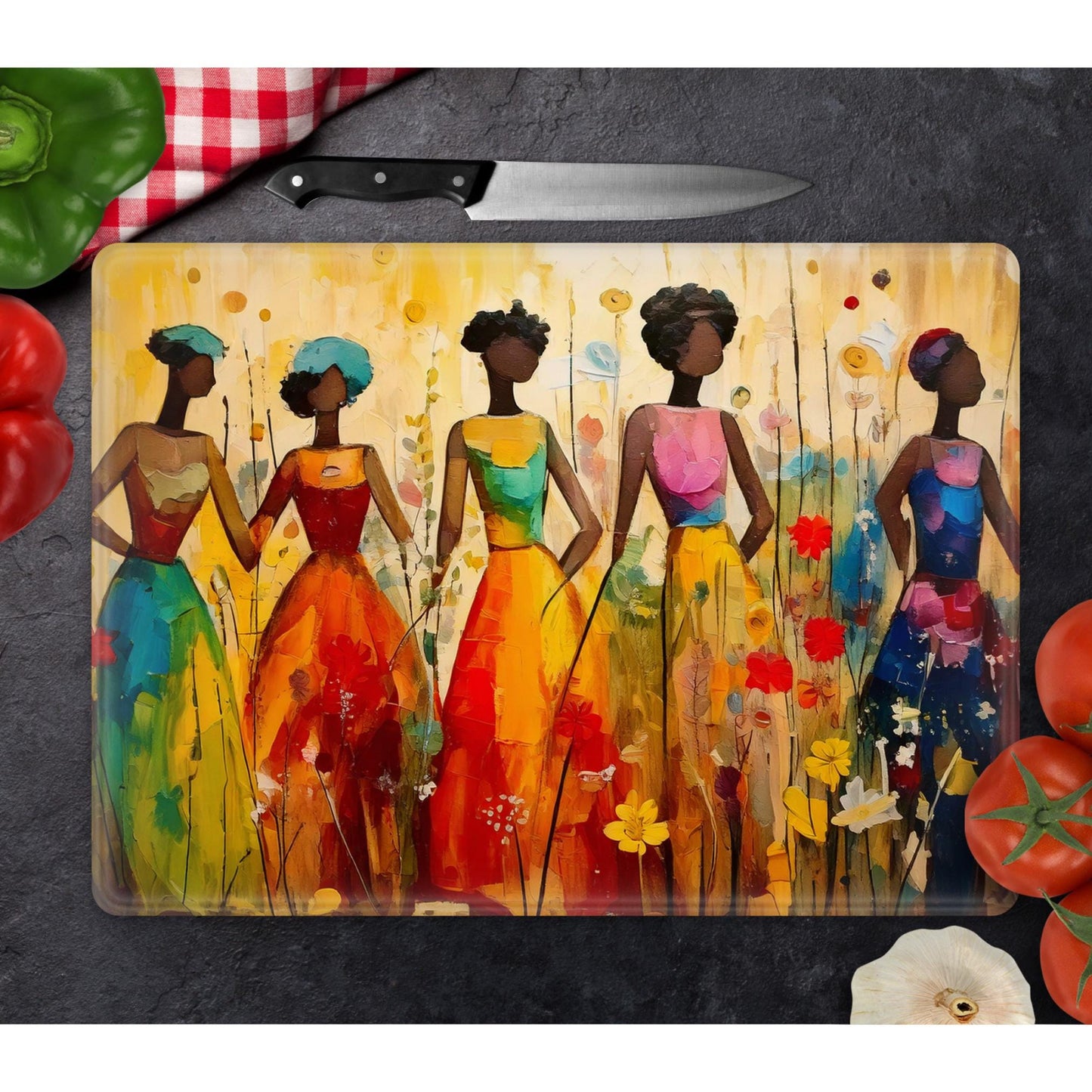 Afrocentric Glass Cutting Board, Charcuterie Board, Serving Tray, Hostess Housewarming, African Decor, Functional Kitchen Art