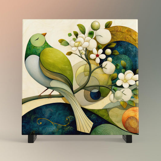 Flowers and Colorful Birds Tile Art, Charming Art Nouveau Wall Decor, A Unique Gift for Nature Lovers and Bird Enthusiasts