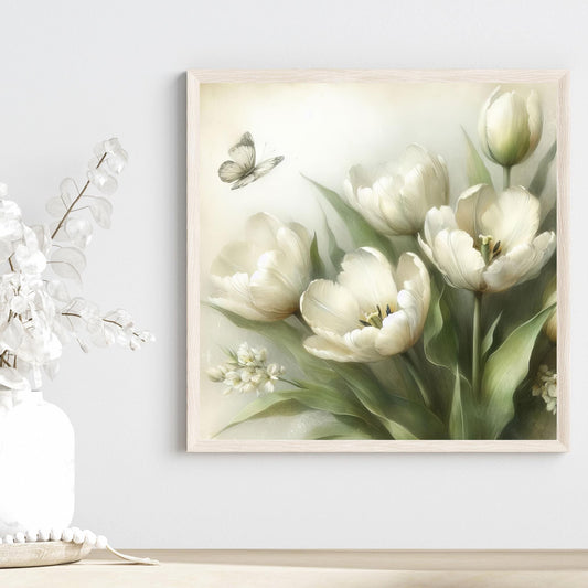 Vintage Floral Still Life Print, Ceramic Art Tile, Neutral White Watercolor Wall Art, Farmhouse Decor, Ideal Gift for Home Decor Enthusiasts