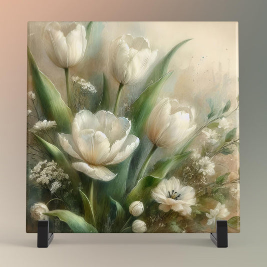 Vintage Botanical Ceramic Tile Art, Neutral White and Beige Flowers, Watercolor Print for Rustic Home Decor, Boho Floral Art