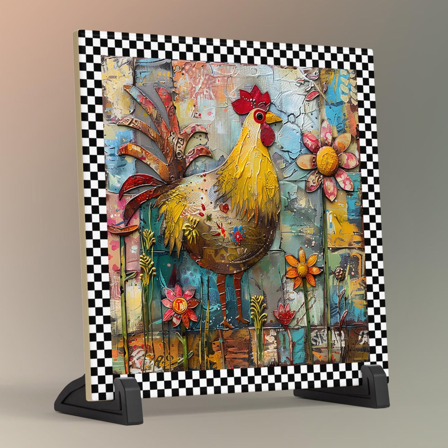Rooster Folk Art Ceramic Tile | Whimsical Kitchen Decor for Farmhouse Style | Shabby Chic Home Decor