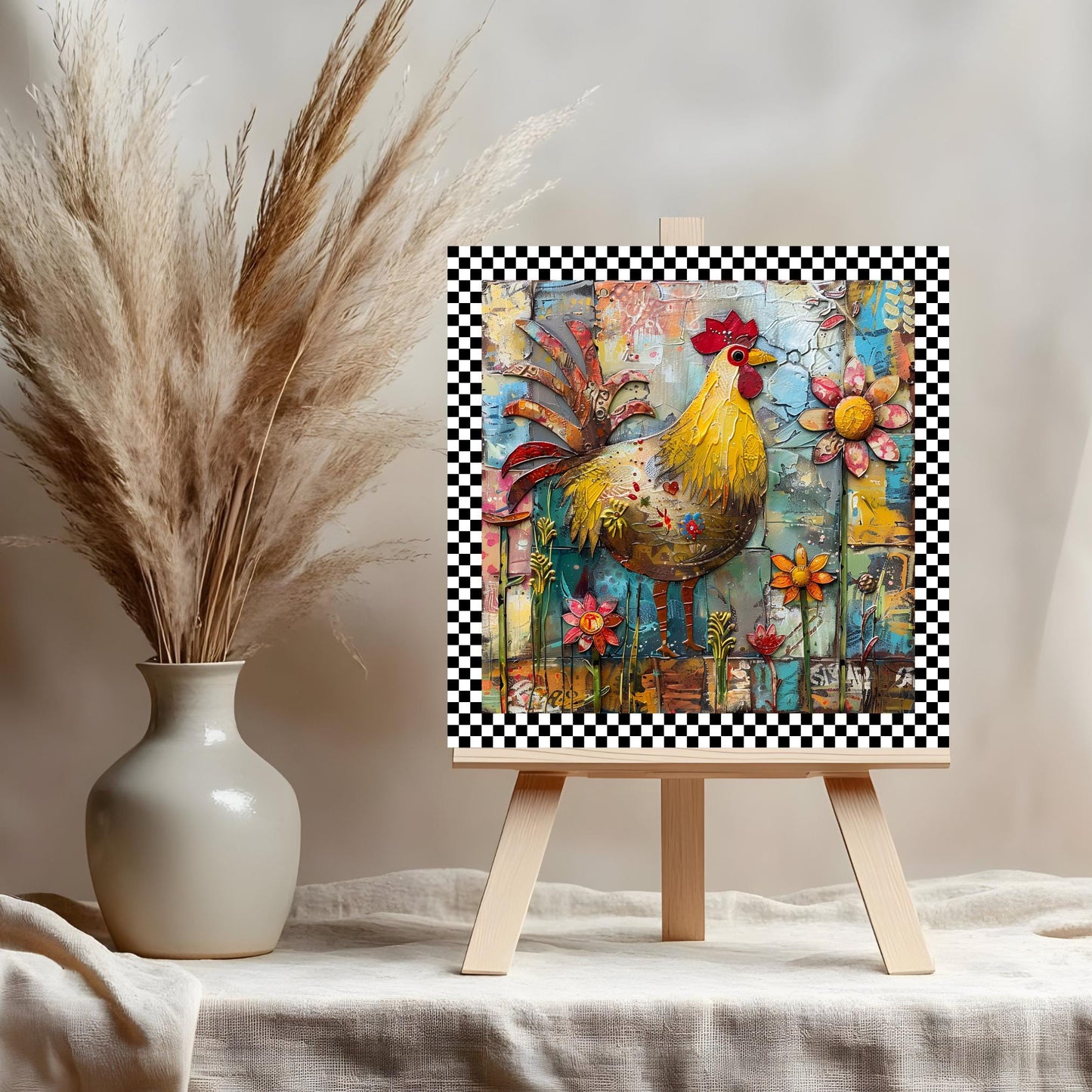 Rooster Folk Art Ceramic Tile | Whimsical Kitchen Decor for Farmhouse Style | Shabby Chic Home Decor