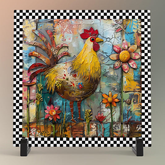 Rooster Folk Art Ceramic Tile | Whimsical Kitchen Decor for Farmhouse Style | Shabby Chic Home Decor