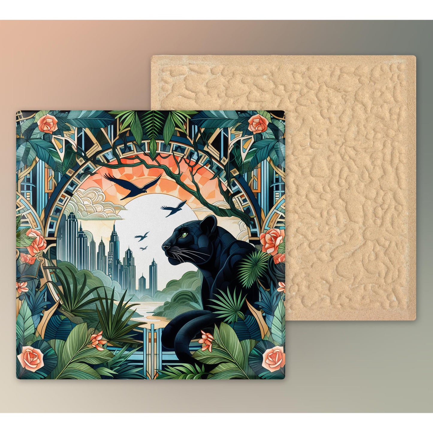 Art Nouveau Panther Ceramic Art Tile, Decorative Tile Inspired by William Morris, Unique Home Decor