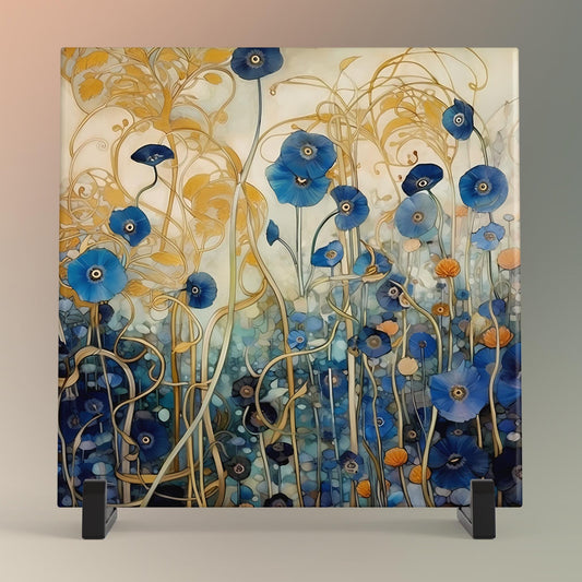 Klimt Inspired Ceramic Tile Wall Art, Abstract Floral Art Print,  Art Nouveau Blue Poppies Wall Hanging -  Art Print Ready to Display