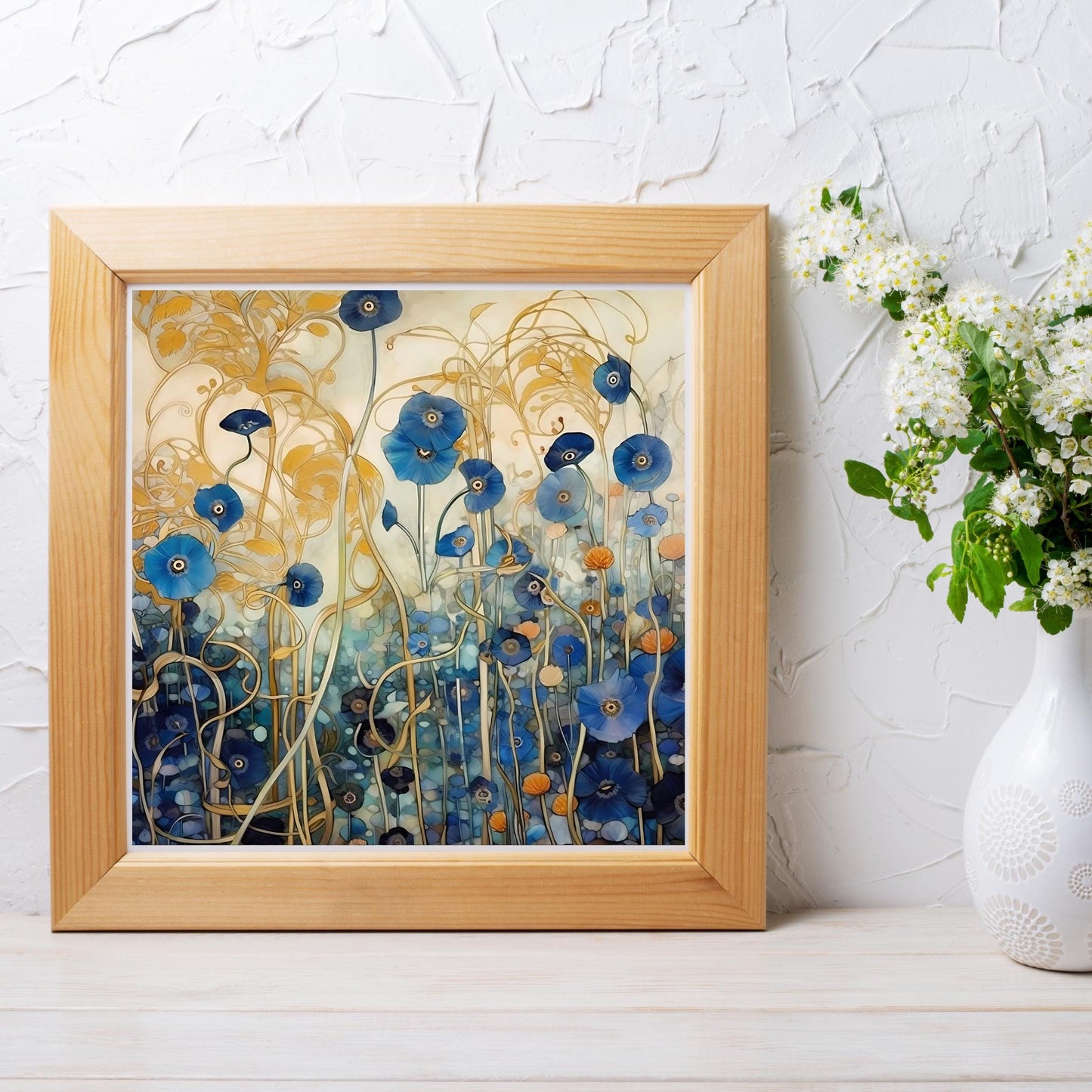 Klimt Inspired Ceramic Tile Wall Art, Abstract Floral Art Print,  Art Nouveau Blue Poppies Wall Hanging -  Art Print Ready to Display