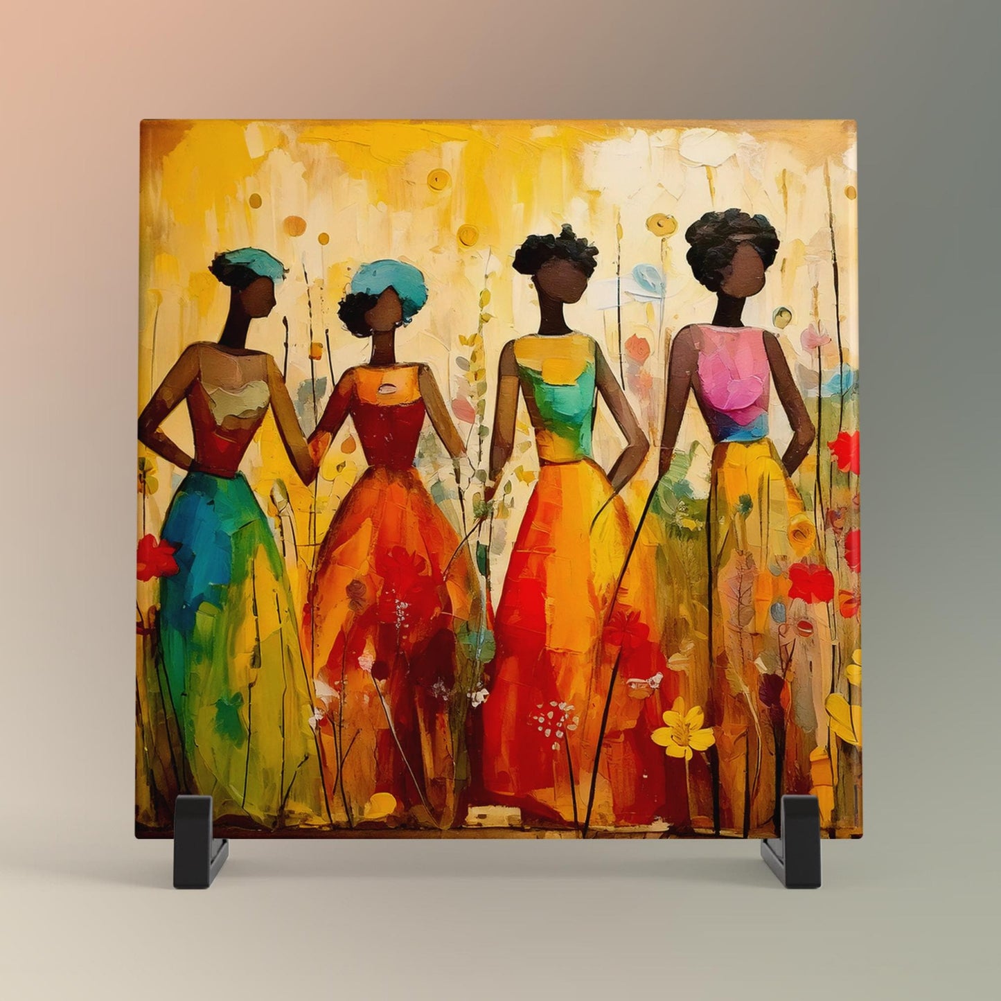 Black Woman with Flowers Ceramic Tile,  Trendy Wall Art Black Girl Art, Black Woman Wall Art, Black Girl Poster Art, African American Art