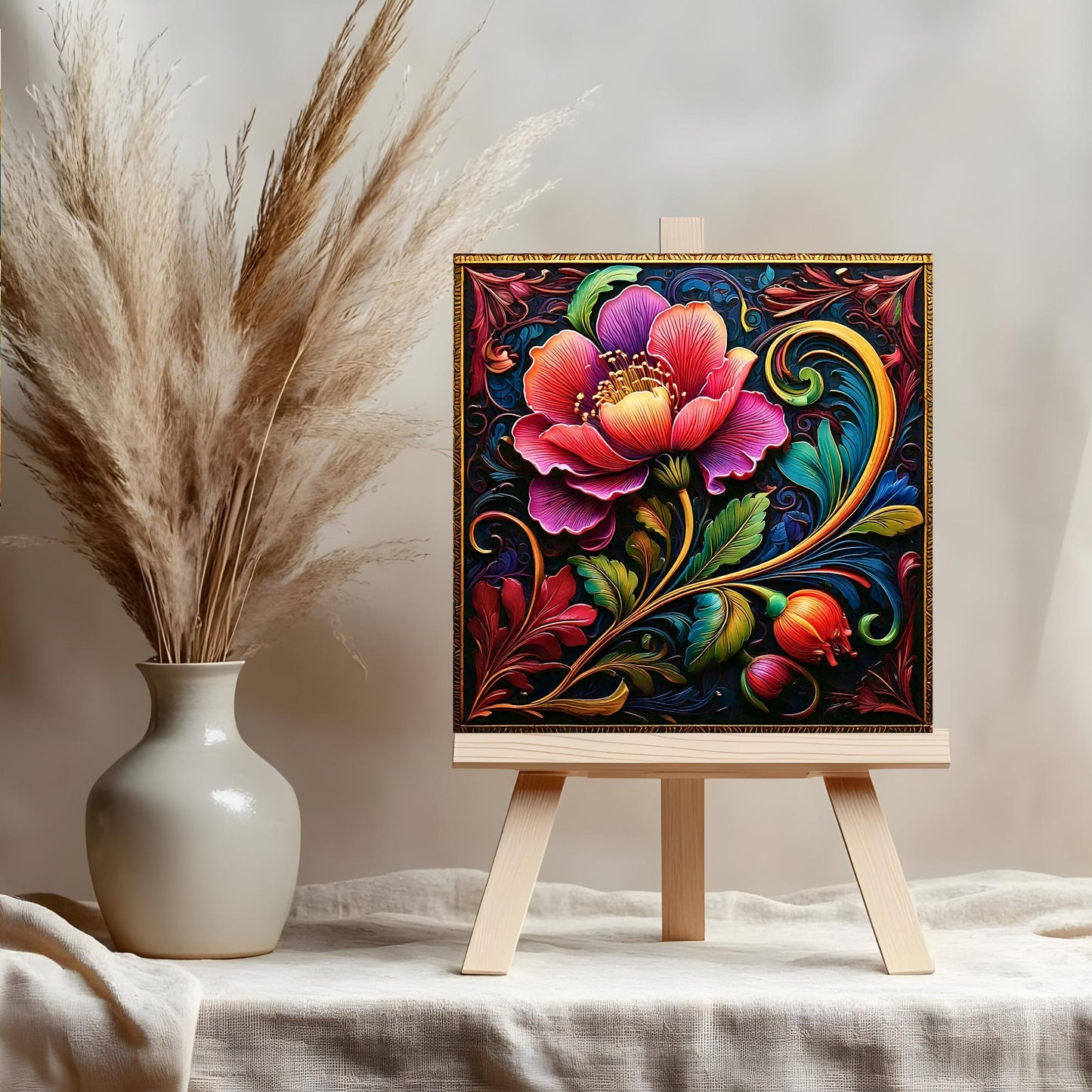 Floral Ceramic Tile Art Nouveau Style, Detailed Flower Design for Stunning Home Decor, Unique Gift for Nature Lovers