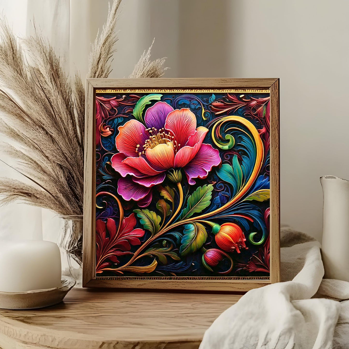 Floral Ceramic Tile Art Nouveau Style, Detailed Flower Design for Stunning Home Decor, Unique Gift for Nature Lovers