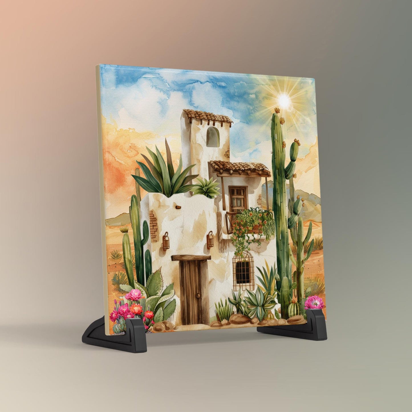 Southwest Adobe House Ceramic Tile II, Desert Art for Home Decor, Arizona & New Mexico Wall Decor, Unique Home Southwestern Artwork