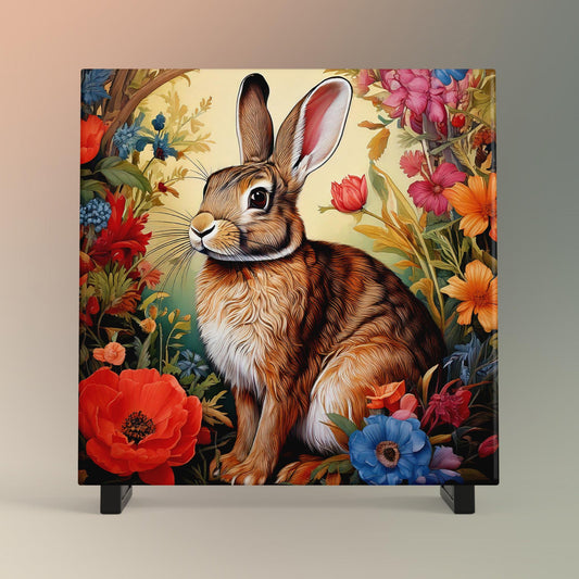 William Morris Inspired Rabbit Ceramic Tile, Art Nouveau Bunny Wall Decor, Floral Trivet for Kitchen, Nature Lovers Spring Summer Plaque