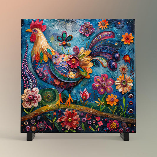 Folk Art Rooster Ceramic Tile | Whimsical Kitchen Decor for Farmhouse Style | Shabby Chic Home Decor