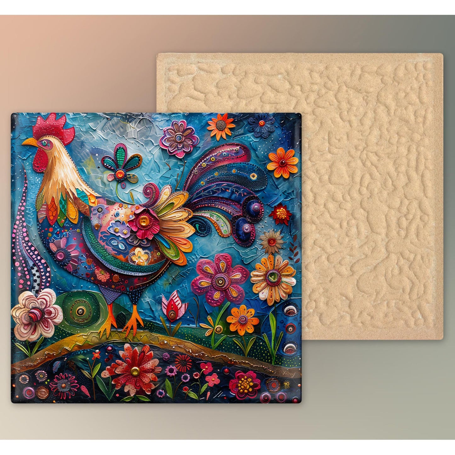 Folk Art Rooster Ceramic Tile | Whimsical Kitchen Decor for Farmhouse Style | Shabby Chic Home Decor