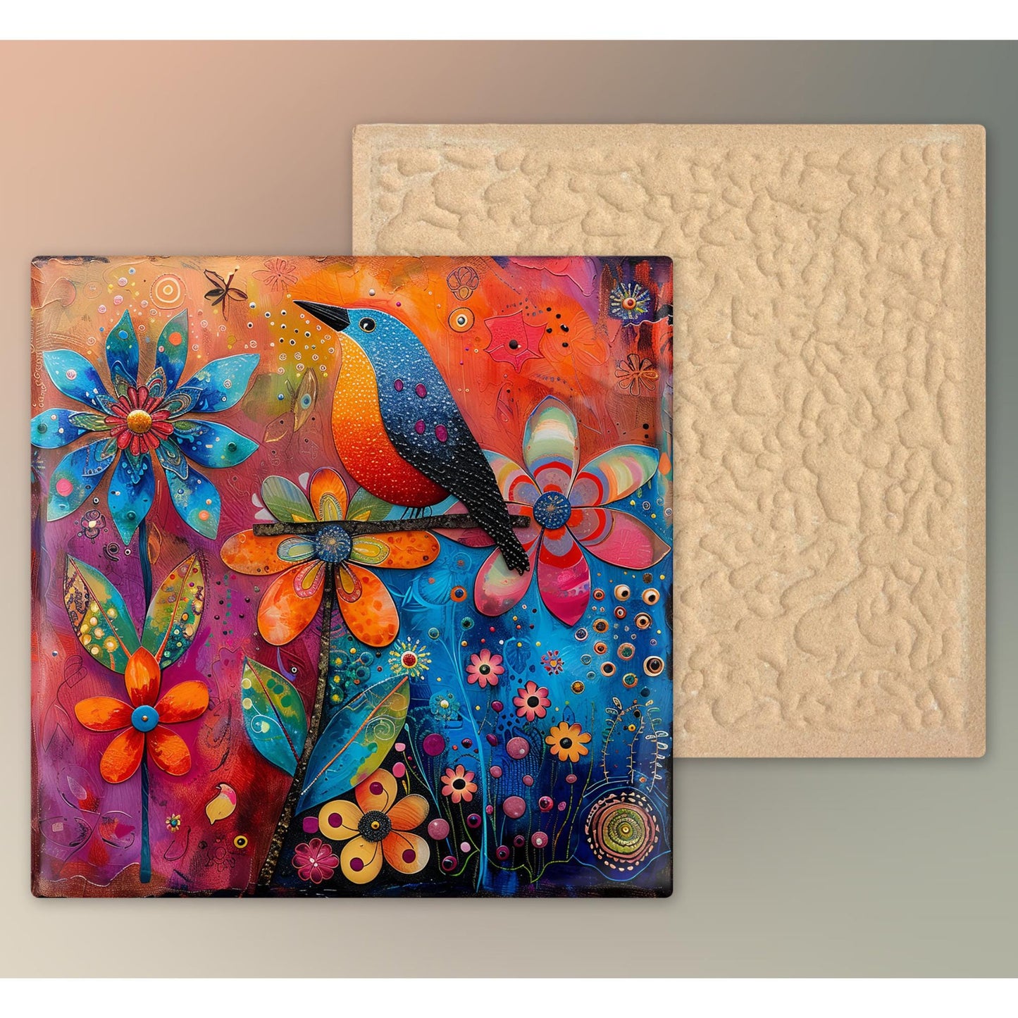 Quirky Birds Ceramic Tile Art, Whimsical Folk Art Decor for Bird Lovers, Perfect Nature-Inspired Gift and Home Accent