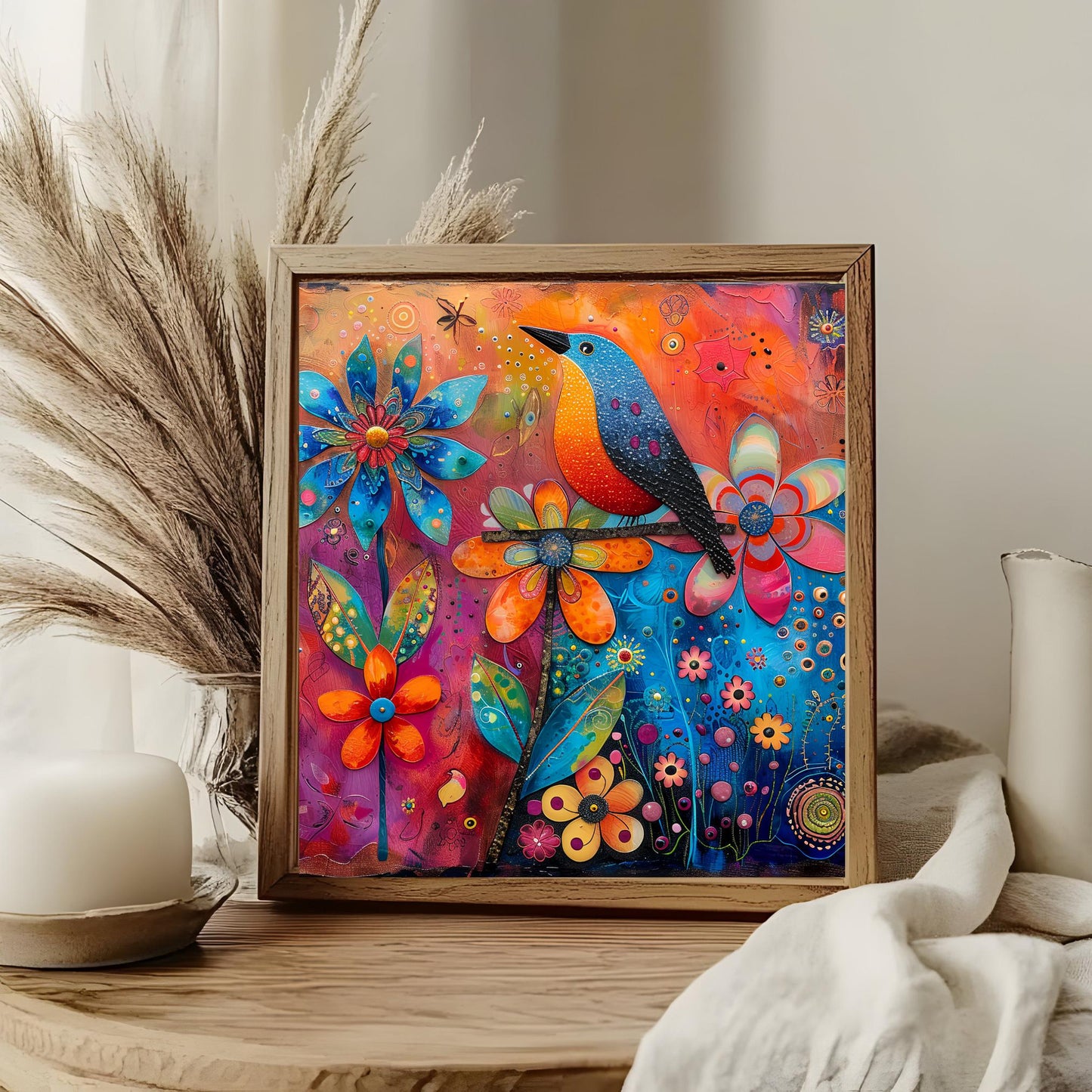 Quirky Birds Ceramic Tile Art, Whimsical Folk Art Decor for Bird Lovers, Perfect Nature-Inspired Gift and Home Accent