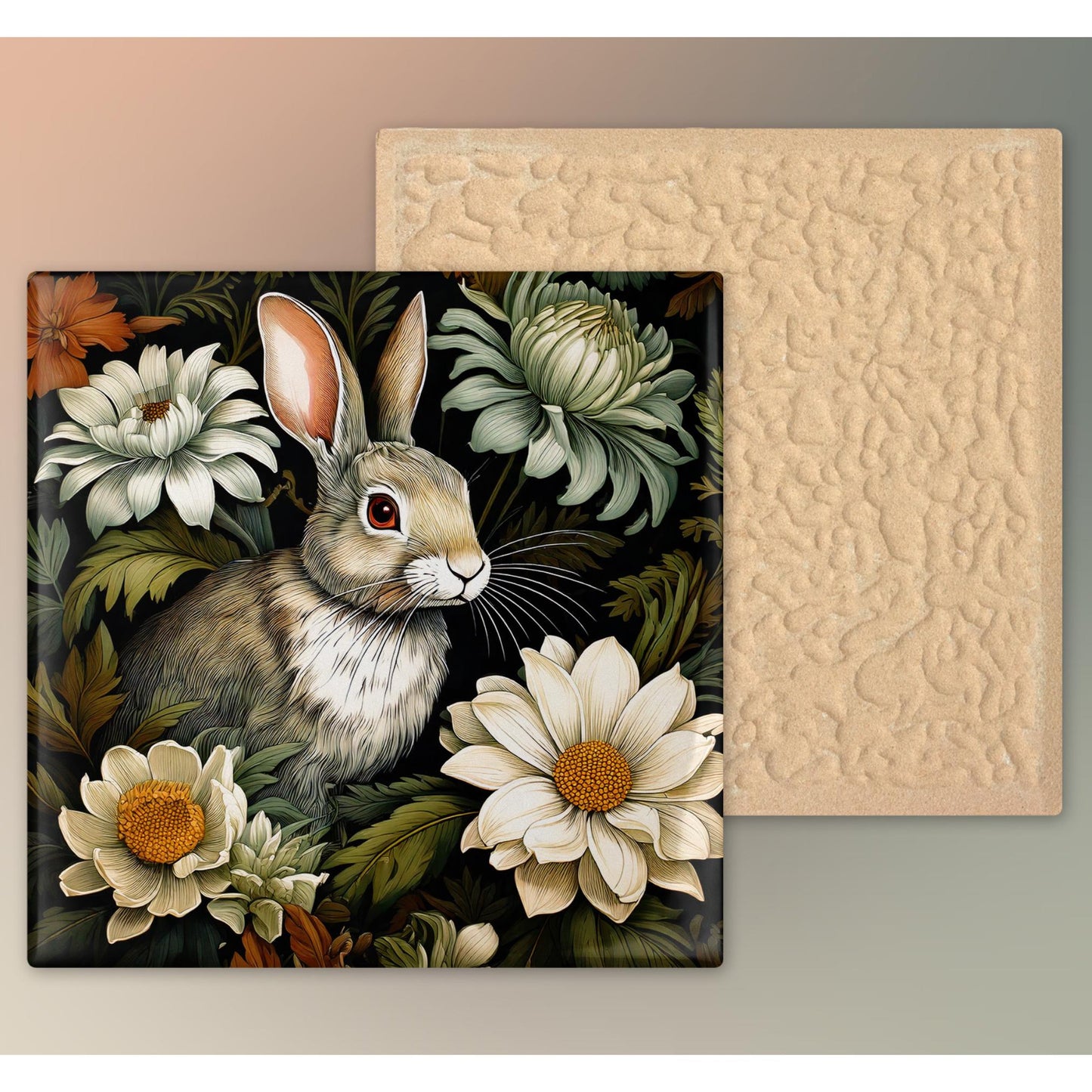 William Morris Inspired Rabbit Ceramic Tile, Art Nouveau Bunny Wall Decor, Floral Trivet for Kitchen, Nature Lovers Plaque